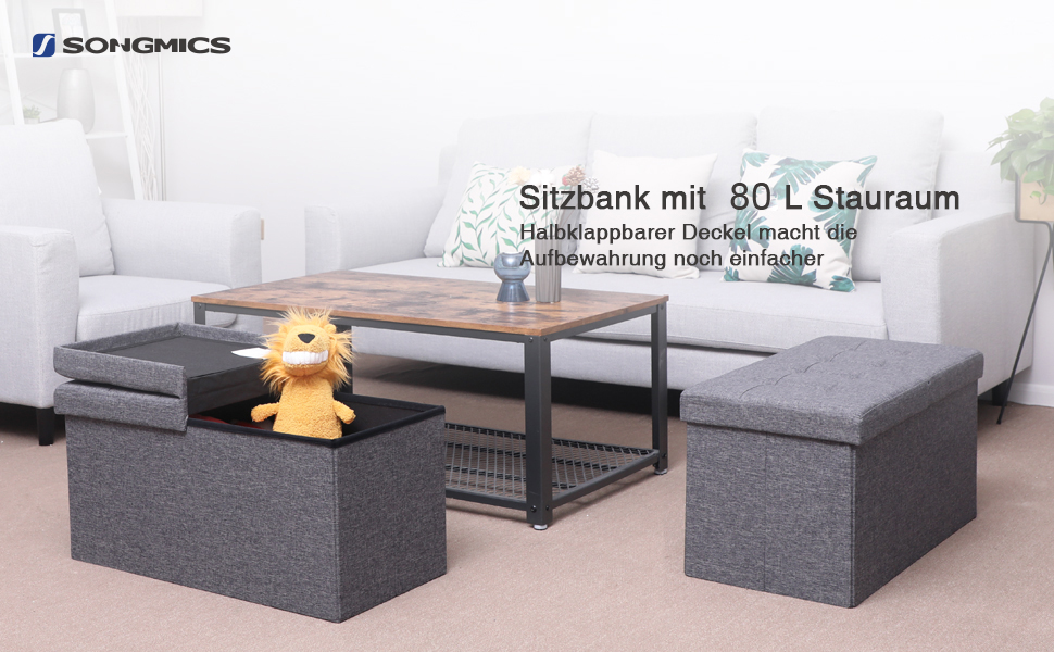 SONGMICS Taburet pliabil cu sezut moale, spatiu de depozitare 80litri, maxim 300kg, 76x38x38cm, gri [9]