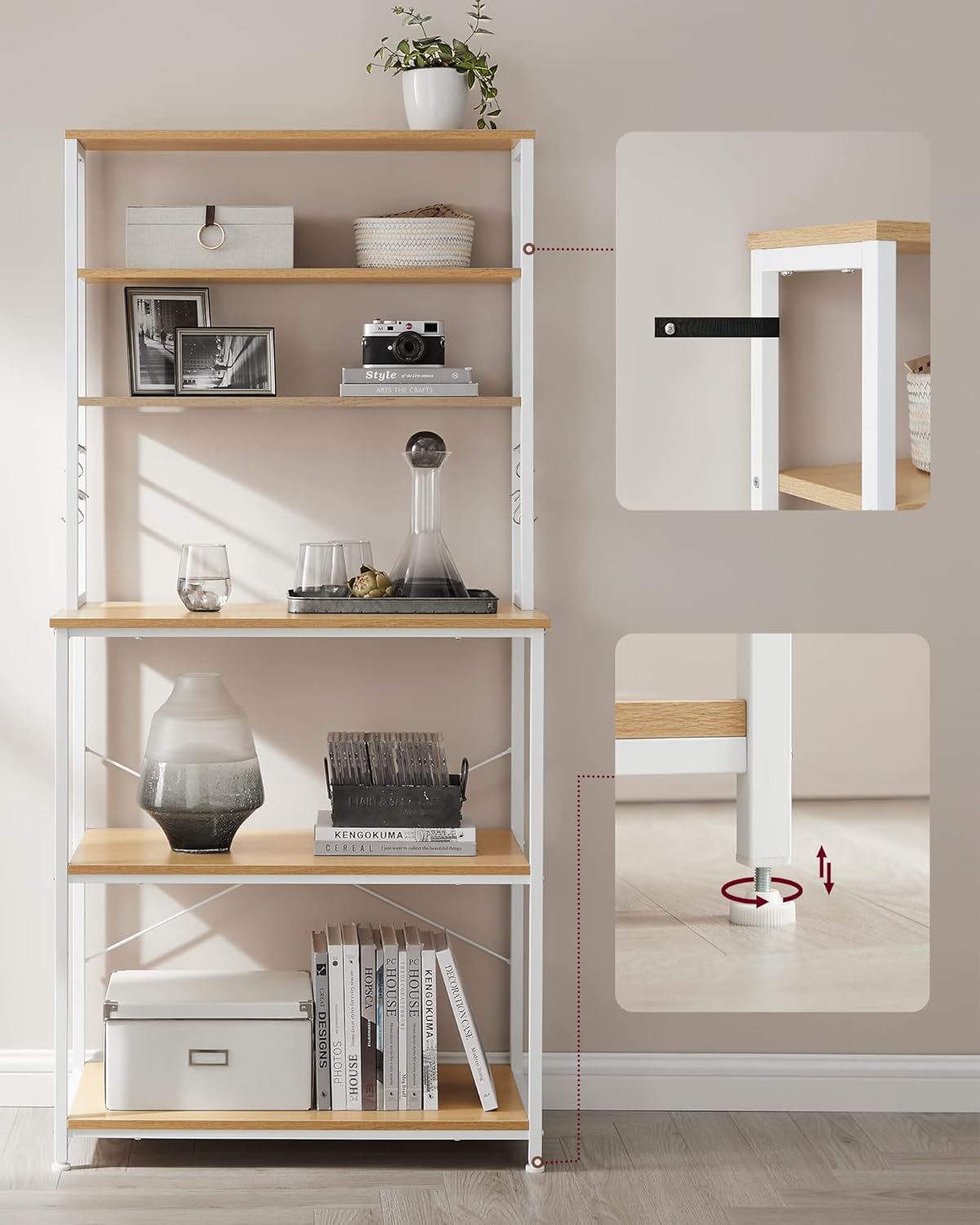 VASAGLE Raft de bucatarie cu spatiu pentru cuptorul cu microunde, 6 rafturi, otel, industrial, 40x80x167cm, maro stejar si alb [9]