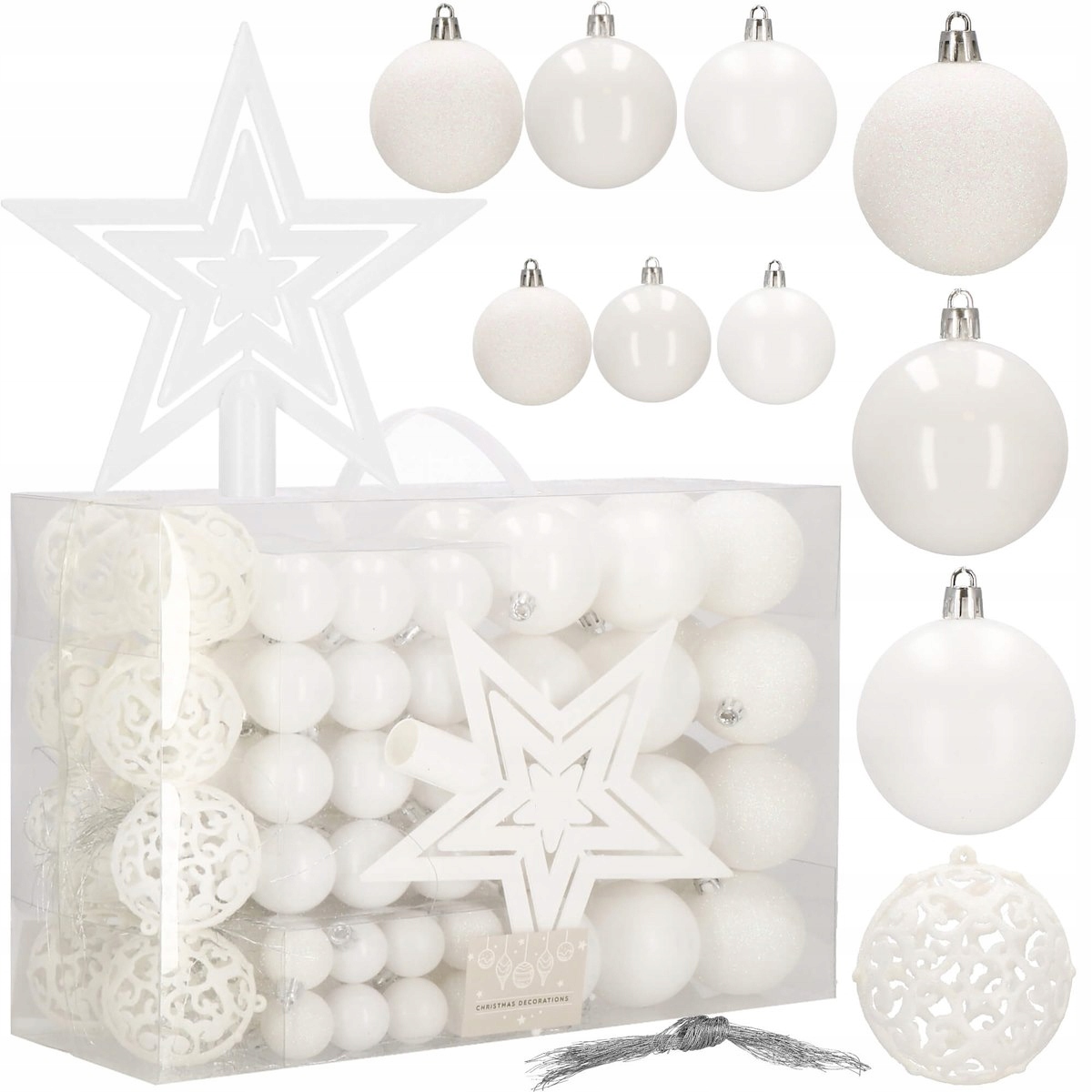 Set globuri si decoratiuni de Craciun, 100 piese, diverse dimensiuni cu stea, alb [7]