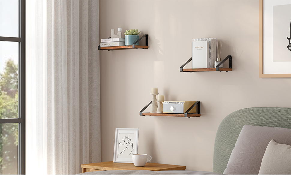 VASAGLE Raft de perete, set 3 bucati 30cm, 35cm si 40cm, 2 moduri de montare, maro rustic si negru [9]