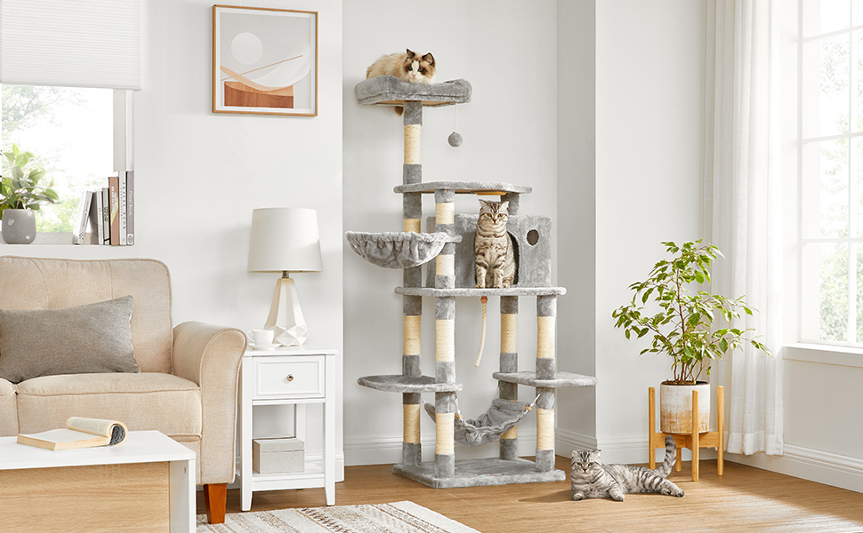 FEANDREA Ansamblu de joaca pentru pisici, tip copac, cu culcus si ascunzatoare, 55x50x164cm, gri deschis [9]