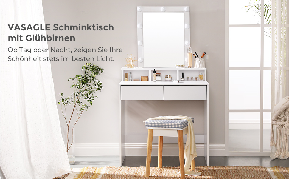 VASAGLE Masa de toaleta cu oglinda si becuri, cu 2 sertare si 3 compartimente deschise, 40x80x145cm, modern, alb [9]