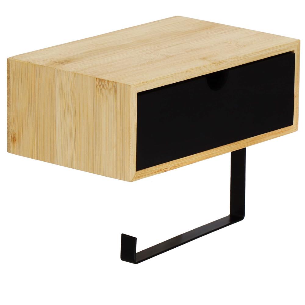 Suport hartie igienica din otel cu sertar depozitare, sistem montare inclus, 22cm, negru bej [8]