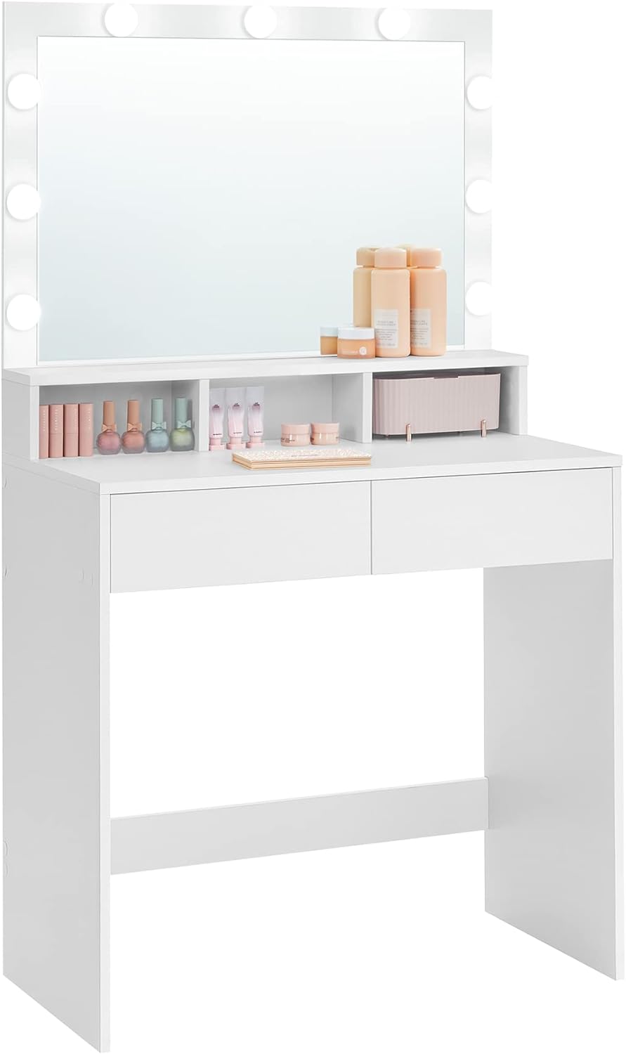 VASAGLE Masa de toaleta cu oglinda, iluminare LED, 2 sertare si 3 compartimente deschise, 80x40x140cm, modern, alb [9]