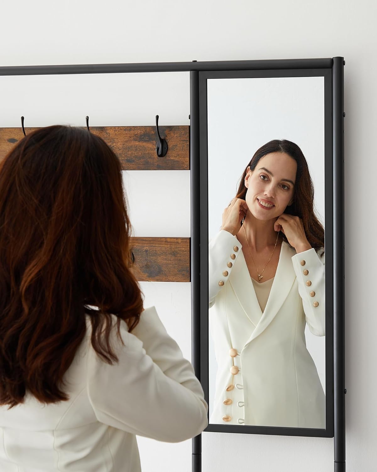 VASAGLE Cuier cu rafturi depozitare pantofi si ​​oglinda, industrial, 35x98x180 cm, maro rustic si negru [9]