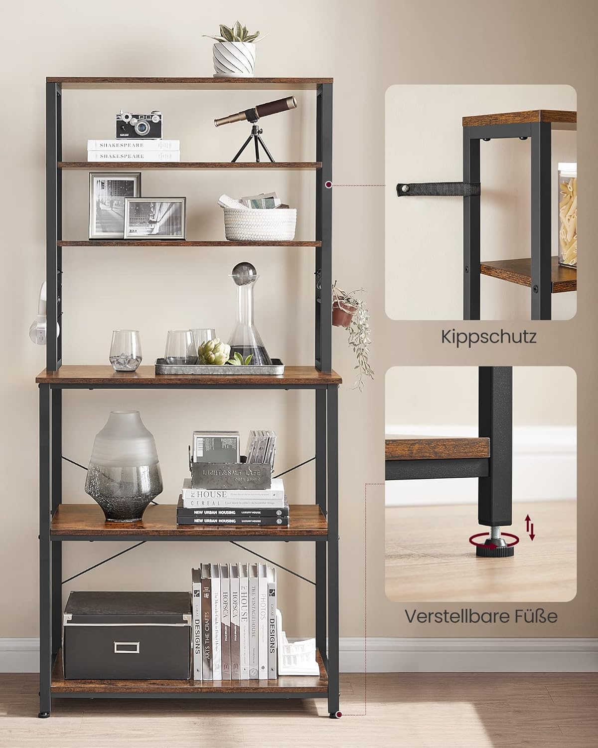 VASAGLE Raft de bucatarie cu spatiu pentru cuptorul cu microunde, 6 rafturi, otel, industrial, 40x80x167cm, maro retro si negru [9]