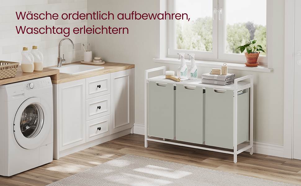 VASAGLE Cos de rufe, 3 compartimente, saci de rufe detasabili, raft, cadru metalic, 3x38L, 93x33x72 cm, alb [9]