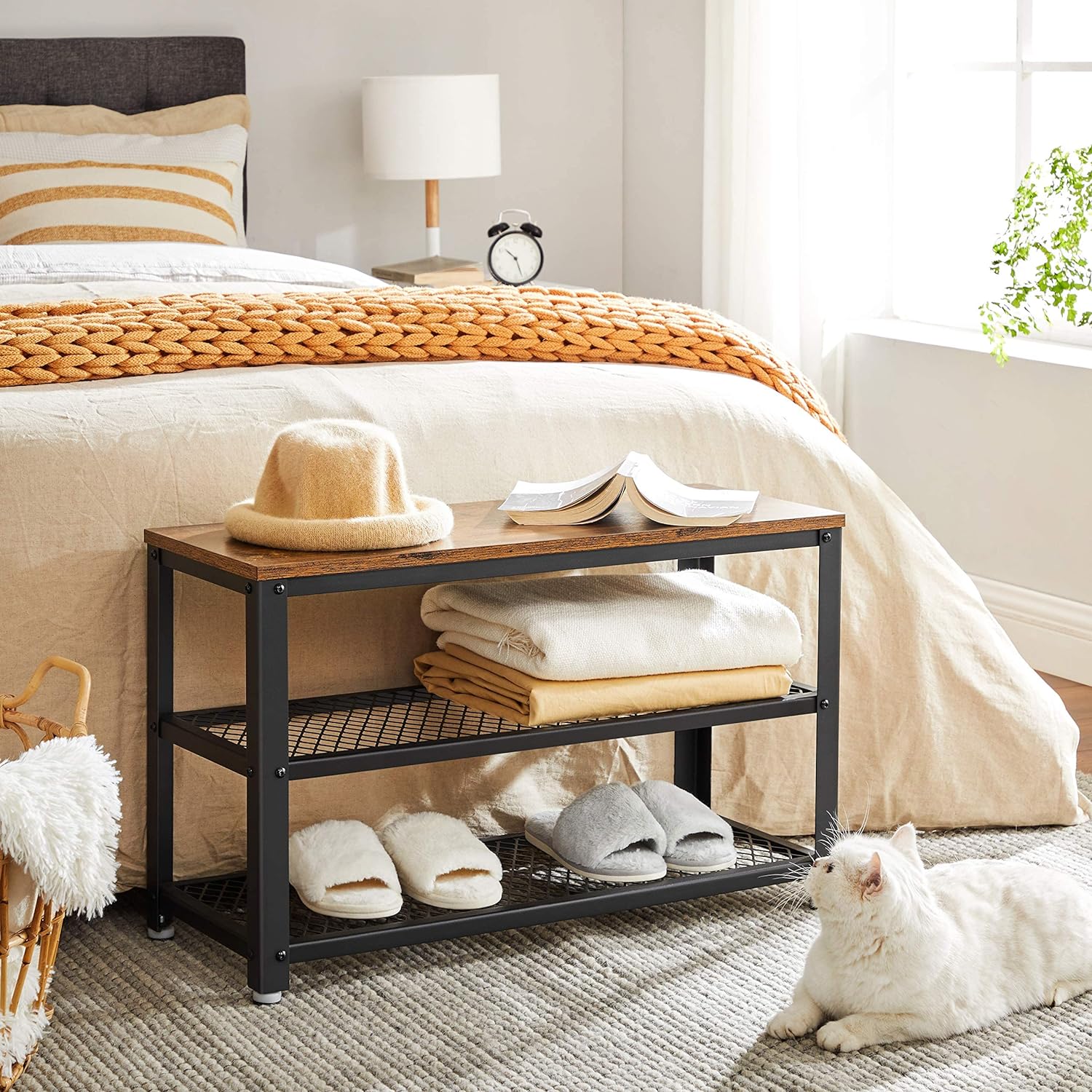 VASAGLE Raft pentru pantofi cu 2 polite, 73x30x45cm, otel, stil industrial, maro rustic si negru [7]