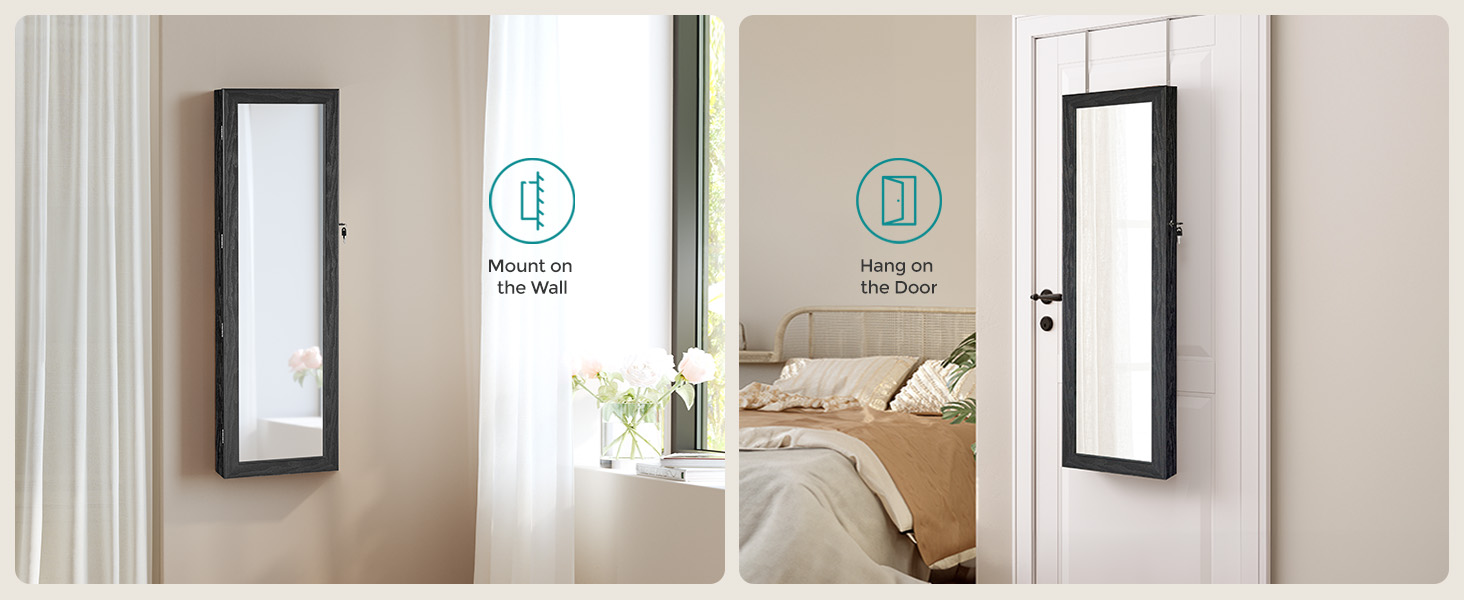 SONGMICS Dulap de bijuterii cu oglinda, din MDF, montare pe perete, 37x10x120 cm, negru [7]