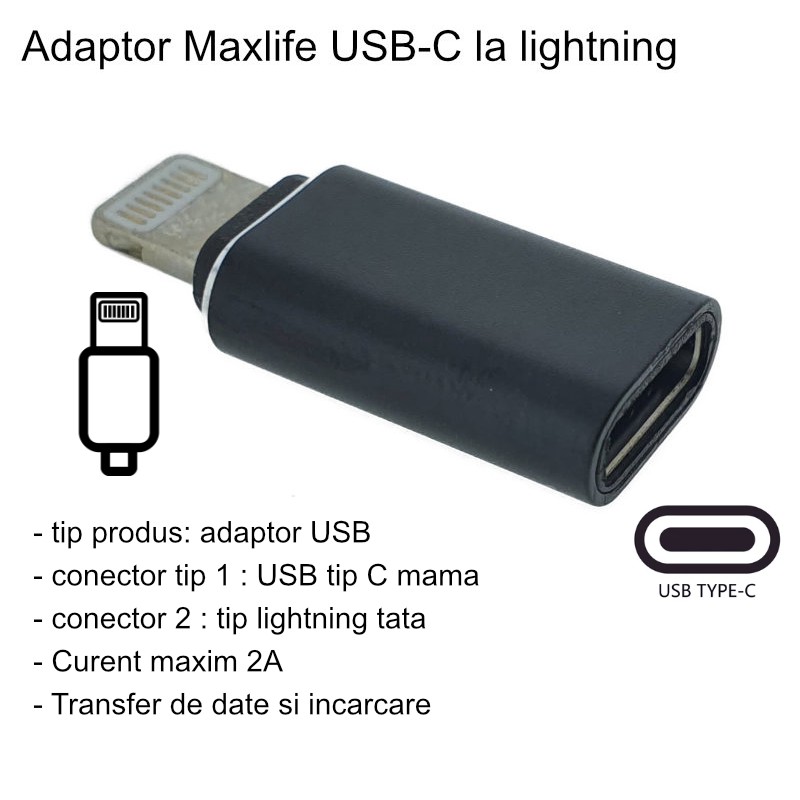 Adaptoare Telefoane Mobile - Adaptor Type C (mama) to Lightning (tata) cu Agatatoare Breloc inclusa, Negru