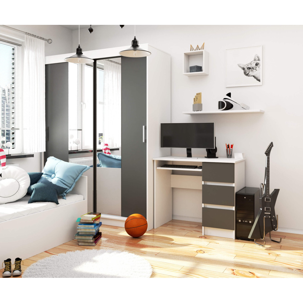 Birou computer cu 3 sertare si raft pentru tastatura, dreapta, 90x50x77 cm, alb si gri [5]