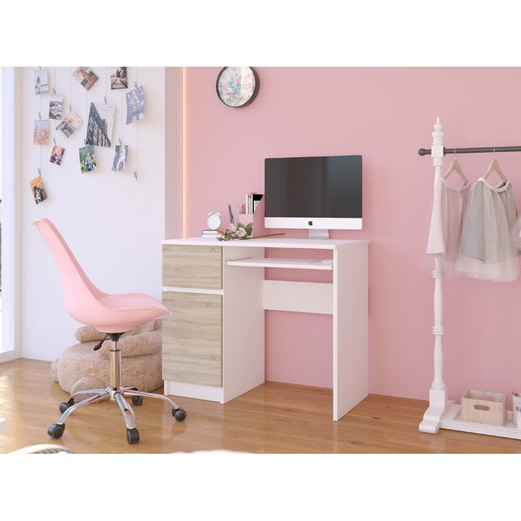 Birou computer PIKSEL, cu sertar, dulap si raft pentru tastatura, stanga, 90x50x77 cm, alb si stejar sonoma [5]