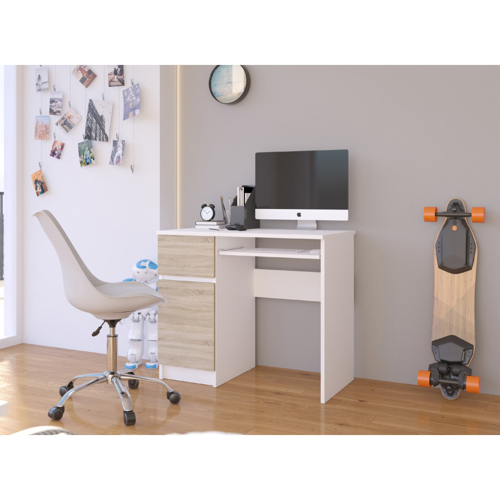 Birou computer PIKSEL, cu sertar, dulap si raft pentru tastatura, stanga, 90x50x77 cm, alb si stejar sonoma [6]