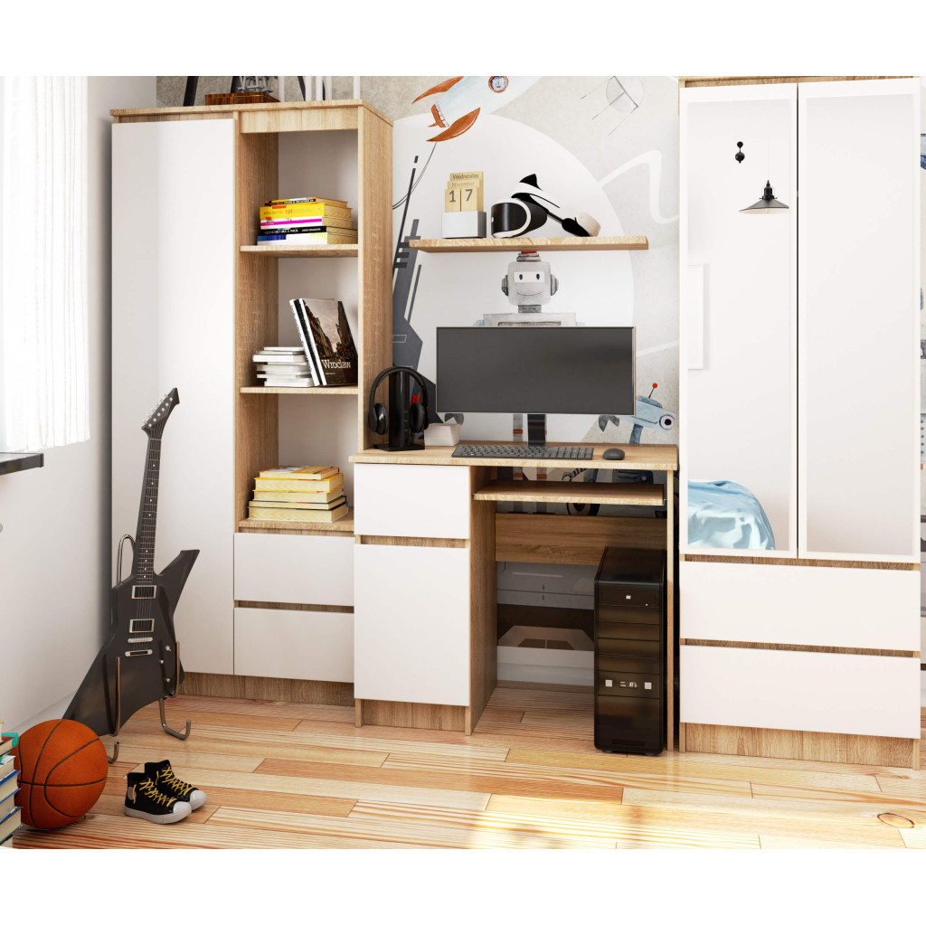 Birou computer PIKSEL, cu sertar, dulap si raft pentru tastatura, stanga, 90x50x77 cm, stejar sonoma si alb [5]