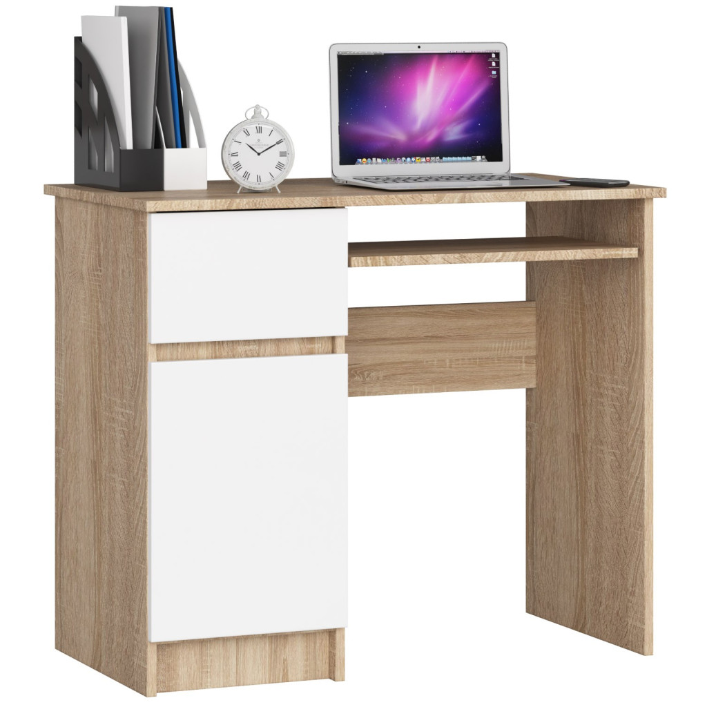 AKORD Mobilier - Birou computer PIKSEL, cu sertar, dulap si raft pentru tastatura, stanga, 90x50x77 cm, stejar sonoma si alb