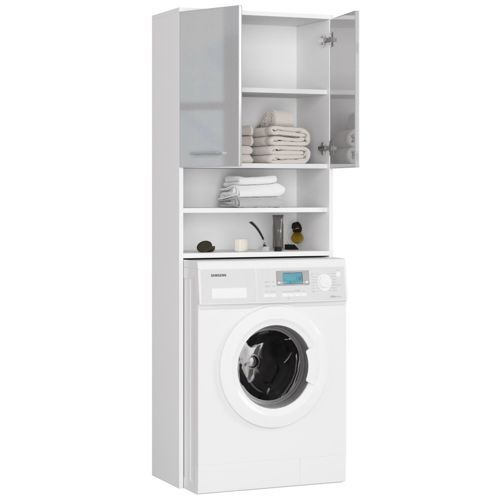 Dulap baie inalt pentru spatiu deasupra masinii de spalat, cu usi si polite, 64x30x180 cm, alb metalic lucios [3]