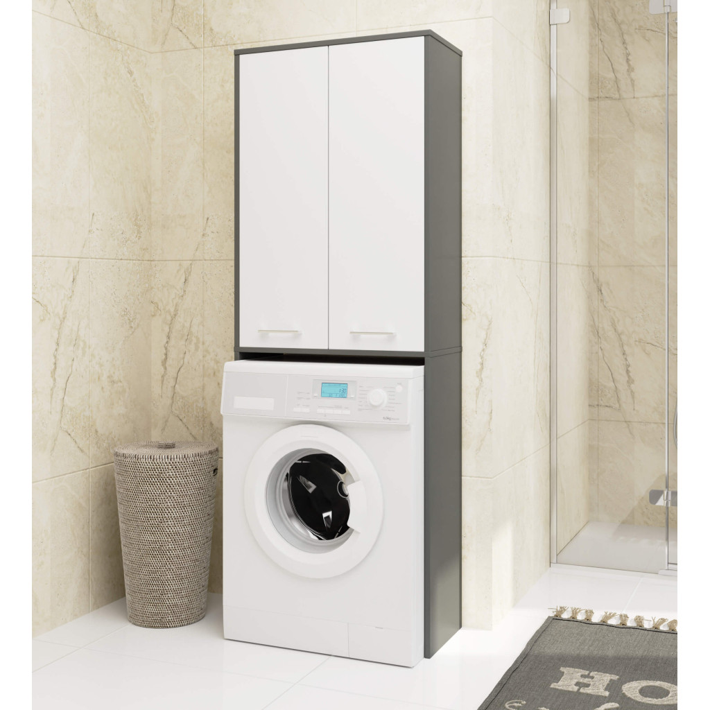 Dulap de baie cu 2 usi si 4 rafturi, pentru spatiul de deasupra masinii de spalat, 64x30x180 cm, gri grafit si alb [4]