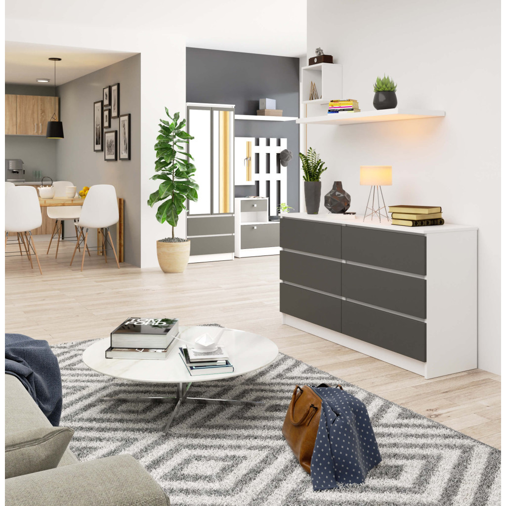 Comoda cu 6 sertare, PAL laminat, 138x40x77 cm, alb si gri grafit [5]