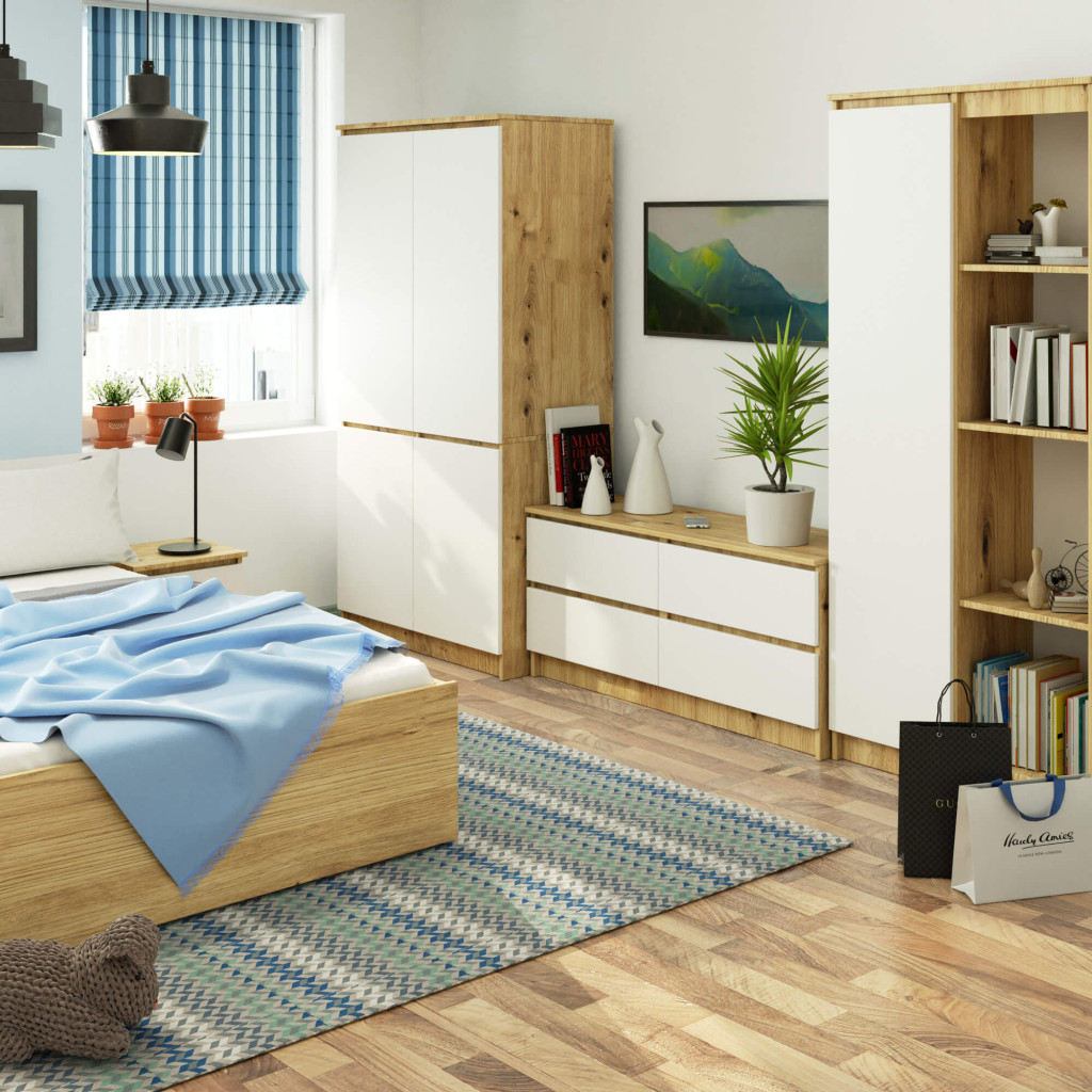 Dulap cu 4 usi, rafturi si bara pentru umerase, PAL laminat, 90x51x180 cm, stejar artisan si alb [4]