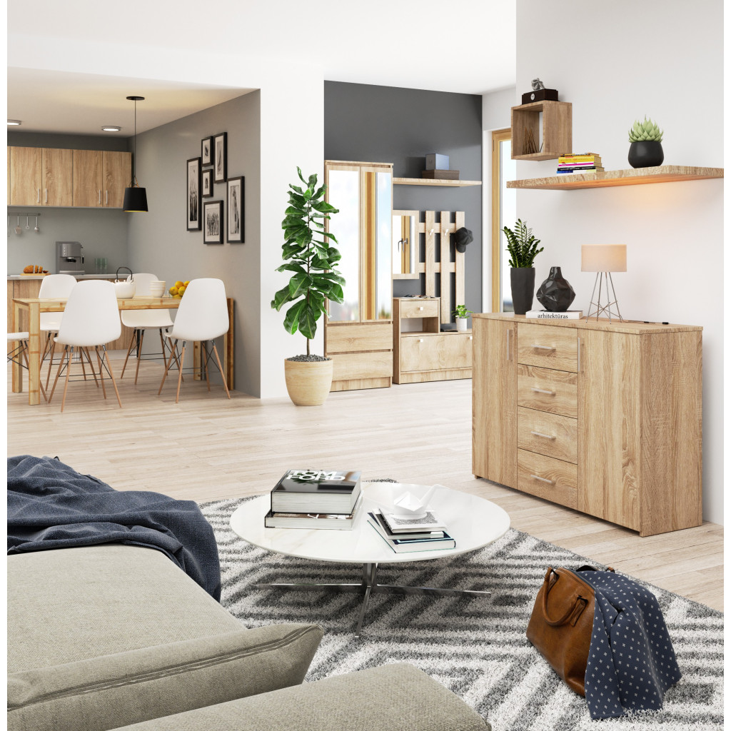 Comoda cu 4 sertare si 2 usi, PAL laminat, 110x35x80 cm, stejar sonoma [6]