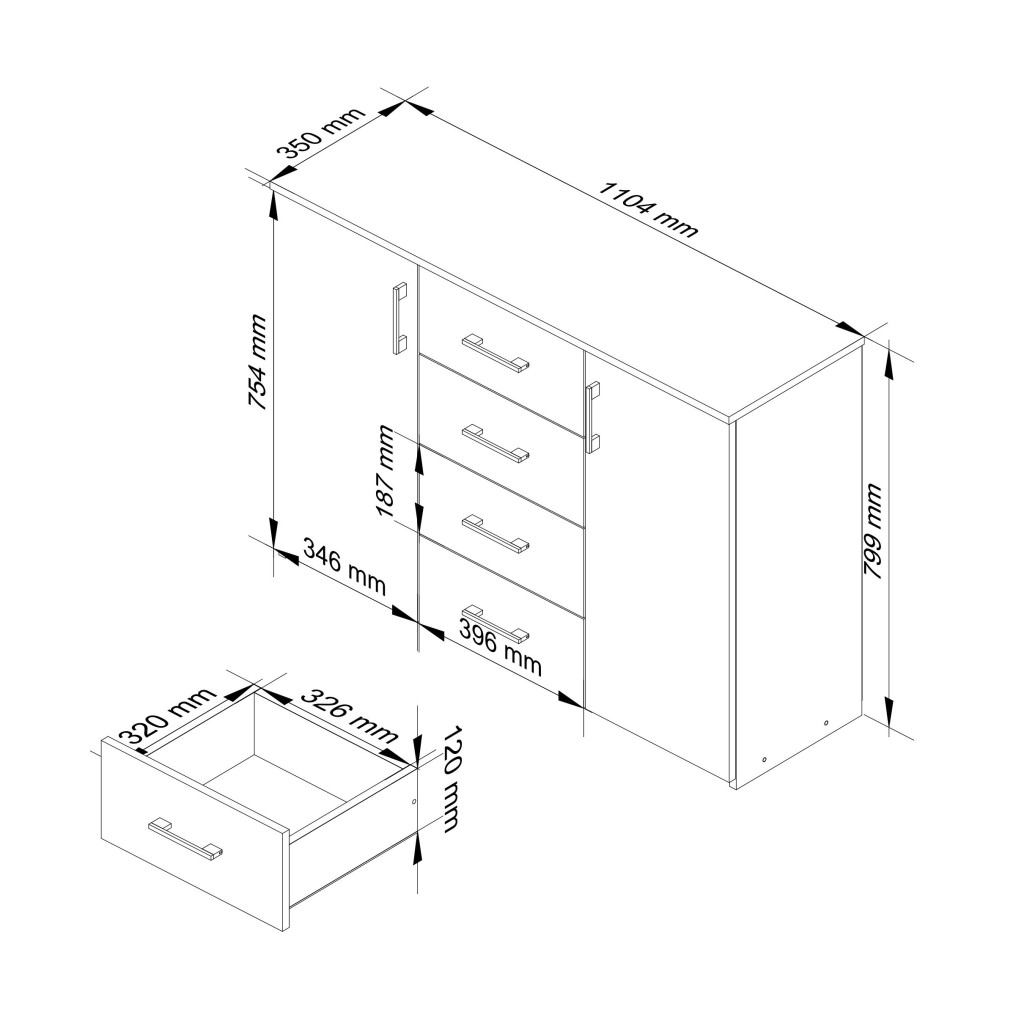 Comoda cu 4 sertare si 2 usi, PAL laminat, 110x35x80 cm, stejar sonoma si alb [2]