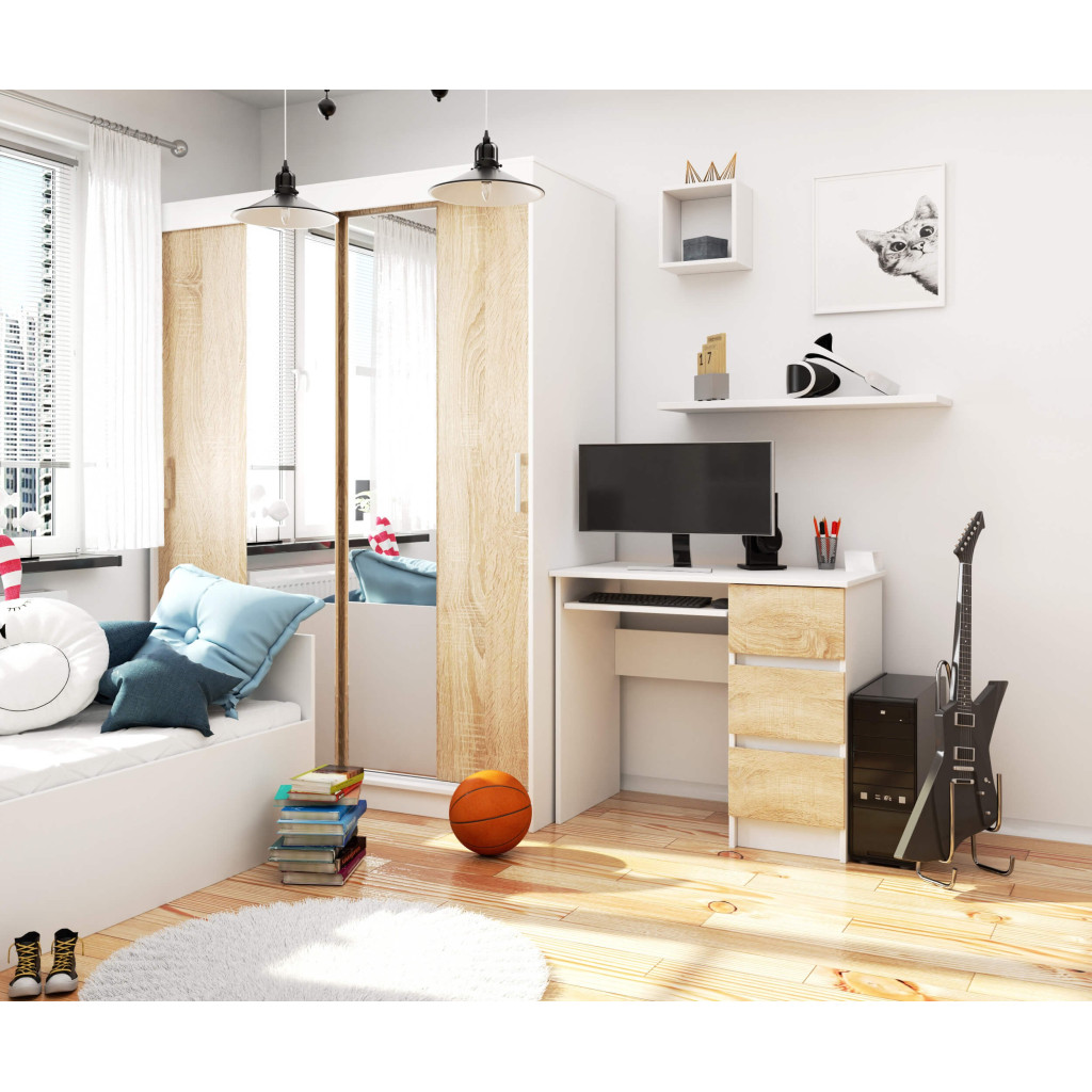 Birou computer cu 3 sertare si raft pentru tastatura, dreapta, 90x50x77 cm, alb si stejar sonoma [5]