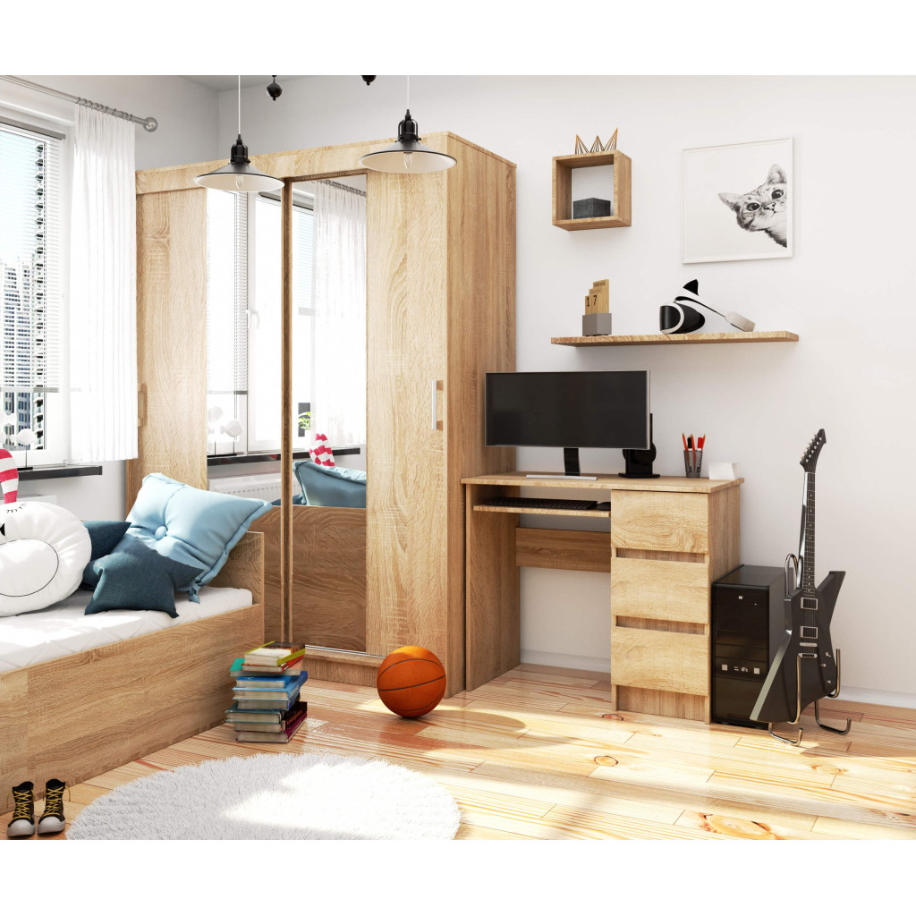 Birou computer cu 3 sertare si raft pentru tastatura, dreapta, 90x50x77 cm, stejar sonoma [6]