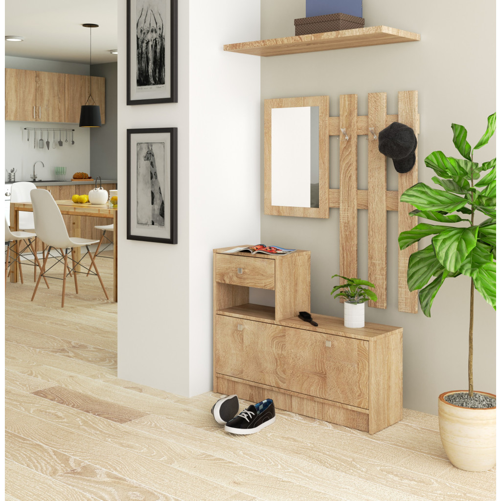 Set mobilier hol cu pantofar, oglinda, sertar si cuier metalic, PAL laminat, 90x25x170 cm, stejar sonoma [6]