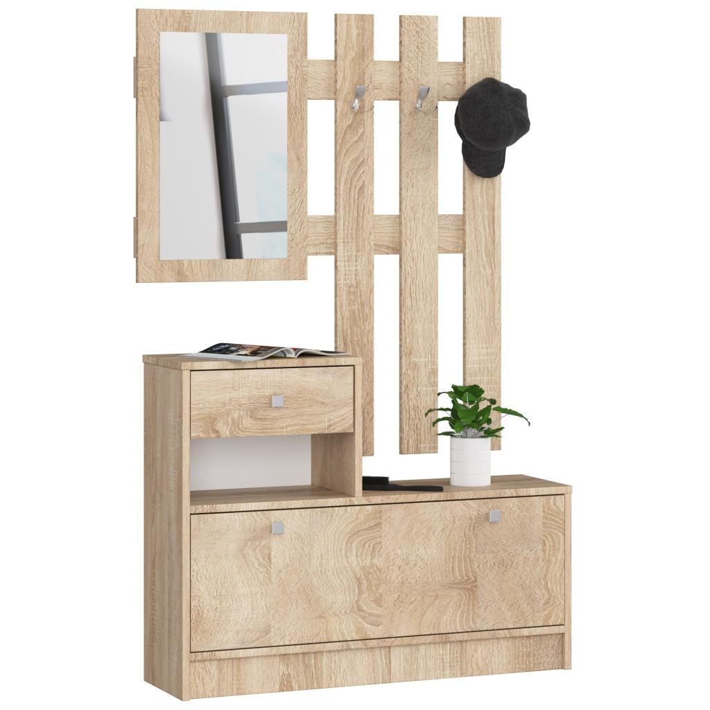 AKORD Mobilier - Set mobilier hol cu pantofar, oglinda, sertar si cuier metalic, PAL laminat, 90x25x170 cm, stejar sonoma