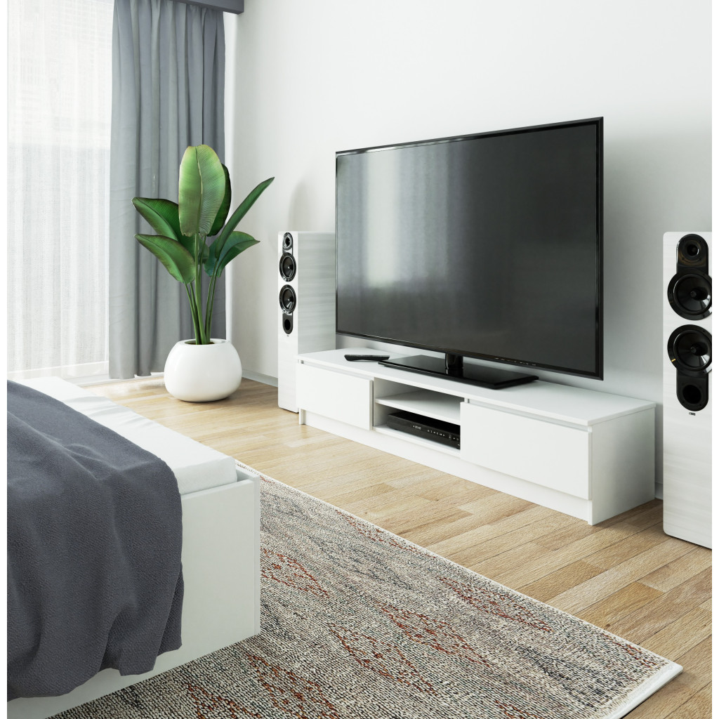 Comoda TV cu 2 usi si rafturi centrale, PAL laminat, 160x40x33 cm, alb mat [5]