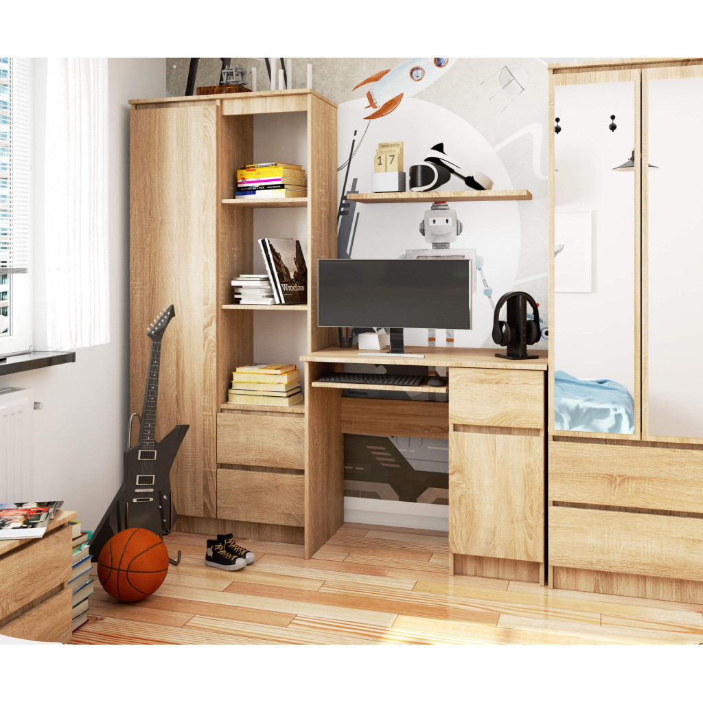Birou computer PIKSE cu sertar, dulap si polita glisanta pentru tastatura, dreapta, 90x50x77 cm, stejar sonoma [5]