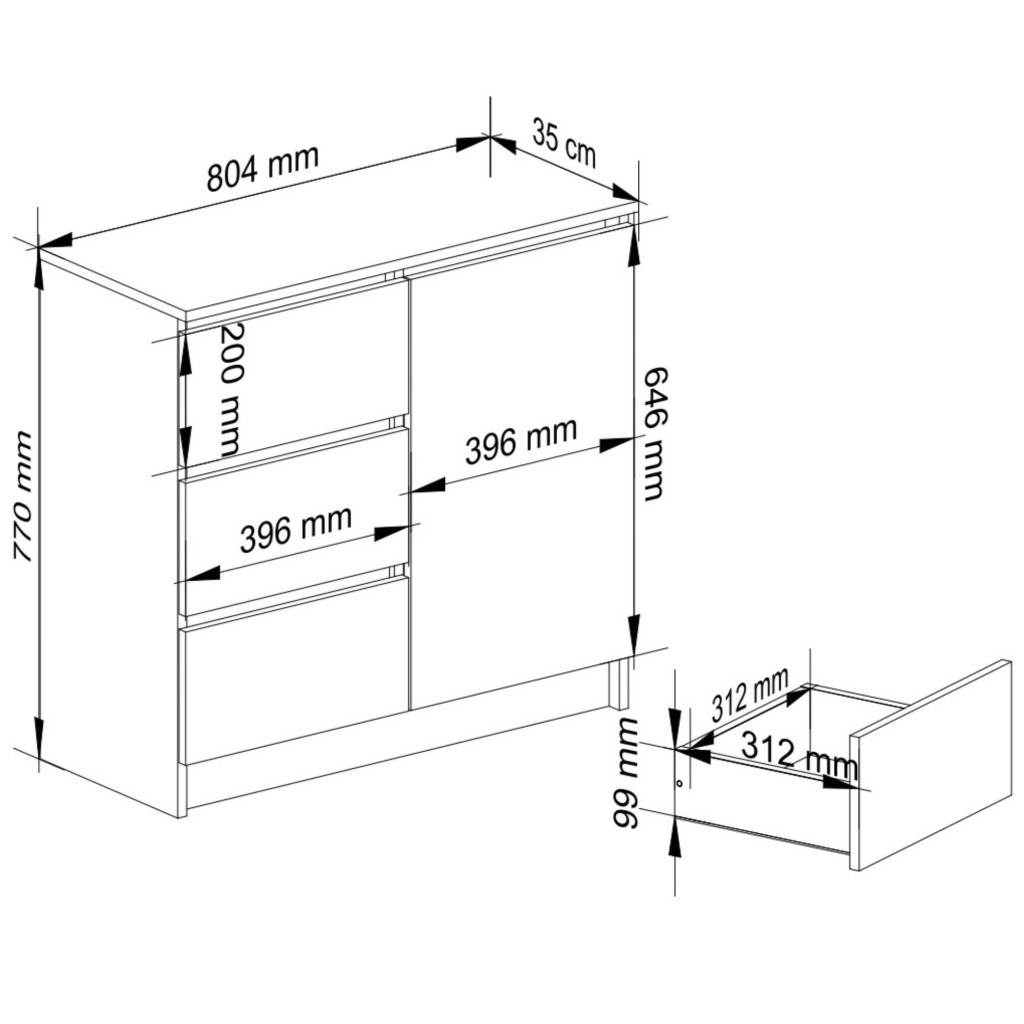Comoda JERRY cu 3 sertare si dulap cu rafturi, PAL laminat, 80x35x77 cm, stejar sonoma [2]