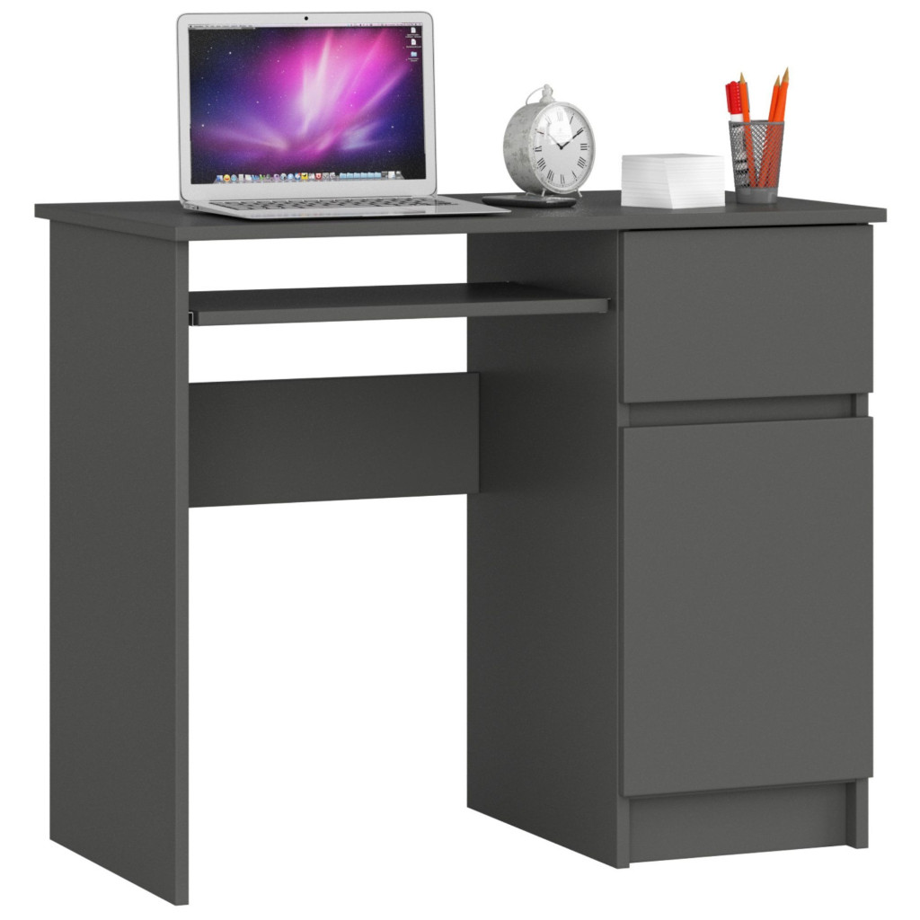 AKORD Mobilier - Birou computer PIKSEL, cu sertar, dulap si raft pentru tastatura, dreapta, 90x50x77 cm, stejar gri