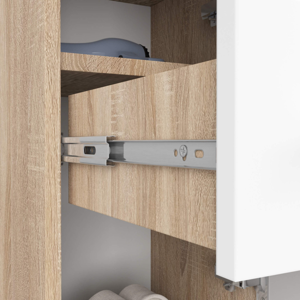 Dulap baie tip coloana cu 2 usi si sertar, PAL laminat, 30x30x85 cm, stejar sonoma si alb [4]