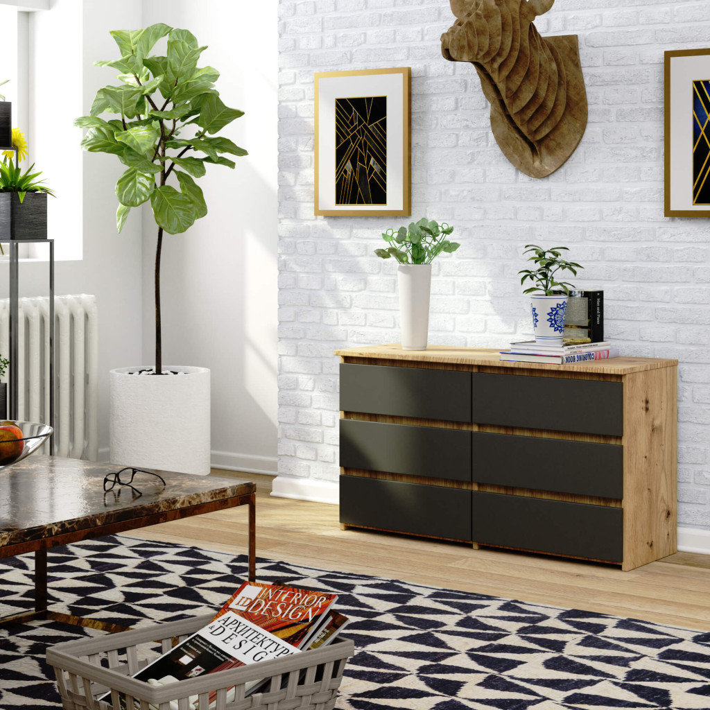 Comoda cu 6 sertare, PAL laminat, 100x35x57 cm, stejar artisan si gri [5]