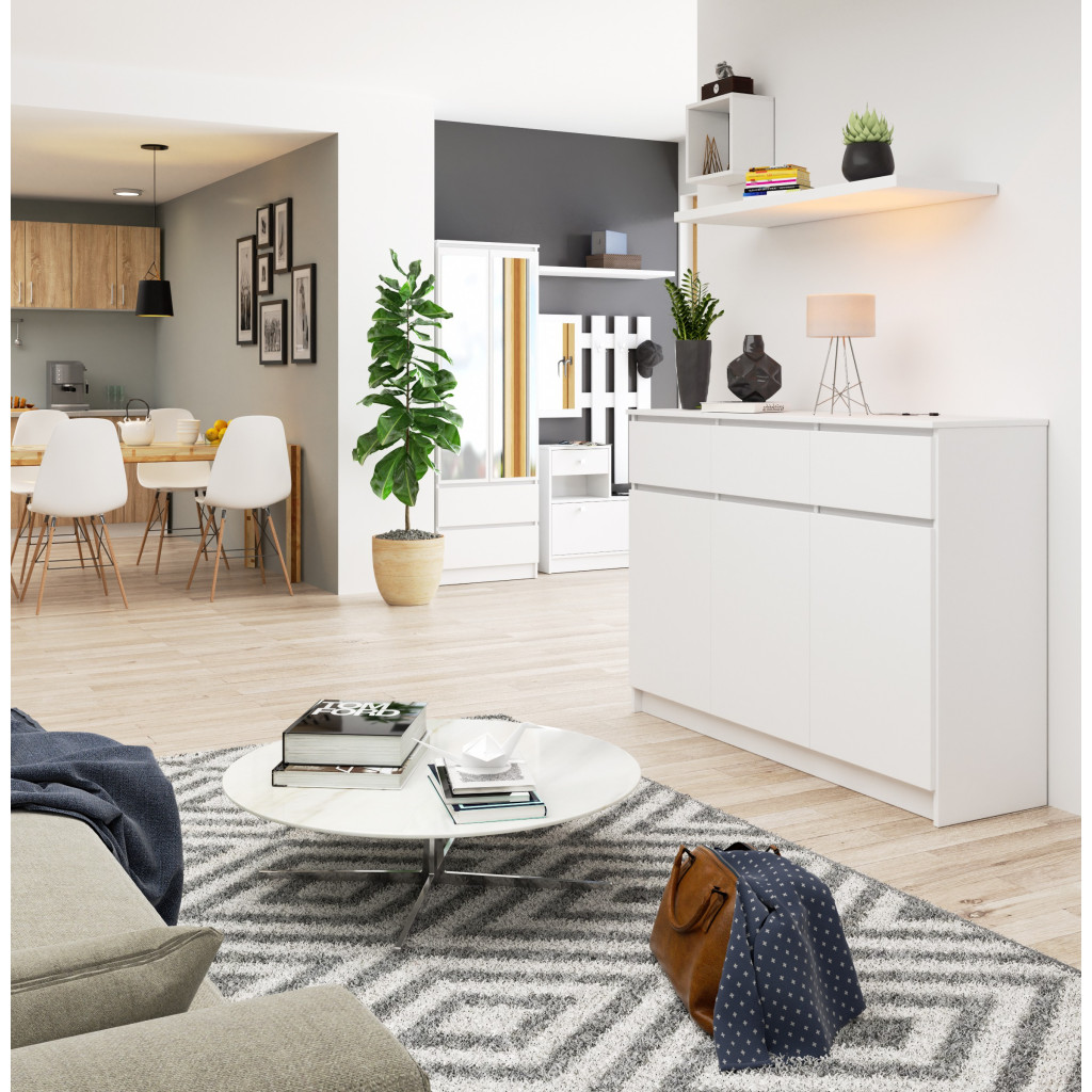 Comoda cu 3 usi si 3 sertare, PAL laminat, 138x40x99 cm, alb mat [6]