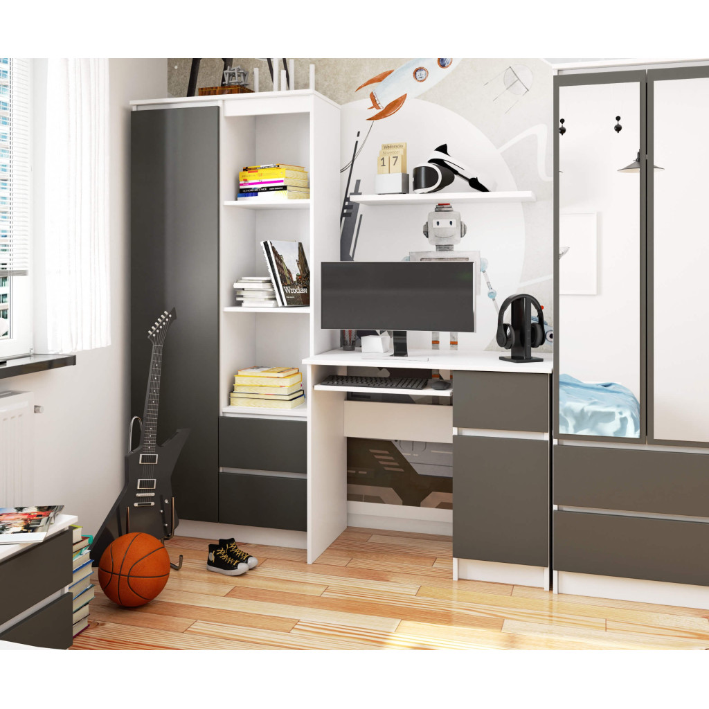 Birou computer PIKSE cu sertar, dulap si polita glisanta pentru tastatura, dreapta, 90x50x77 cm, alb si gri [5]