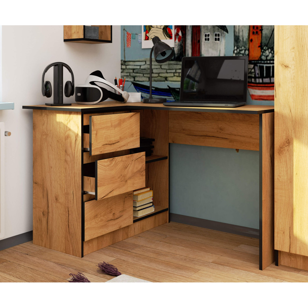 Birou colt stanga, cu 3 sertare si rafturi, PAL laminat, 124x85x77 cm, stejar craft [6]