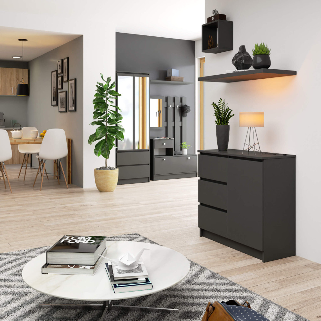 Comoda JERRY cu 3 sertare si dulap cu rafturi, PAL laminat, 80x35x77 cm, gri grafit [4]