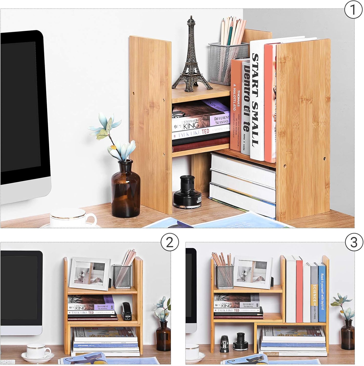 SONGMICS Organizator modular cu 3 forme de depozitare reglabile, din bambus, 65x15x40 cm, maro [3]