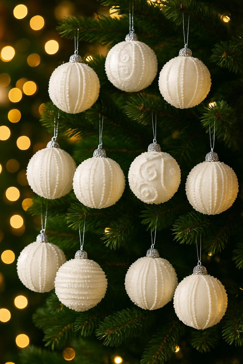 Set 12 globuri decorative cu sclipici si paiete, 3 modele asortate, diametru 8 cm, alb [6]