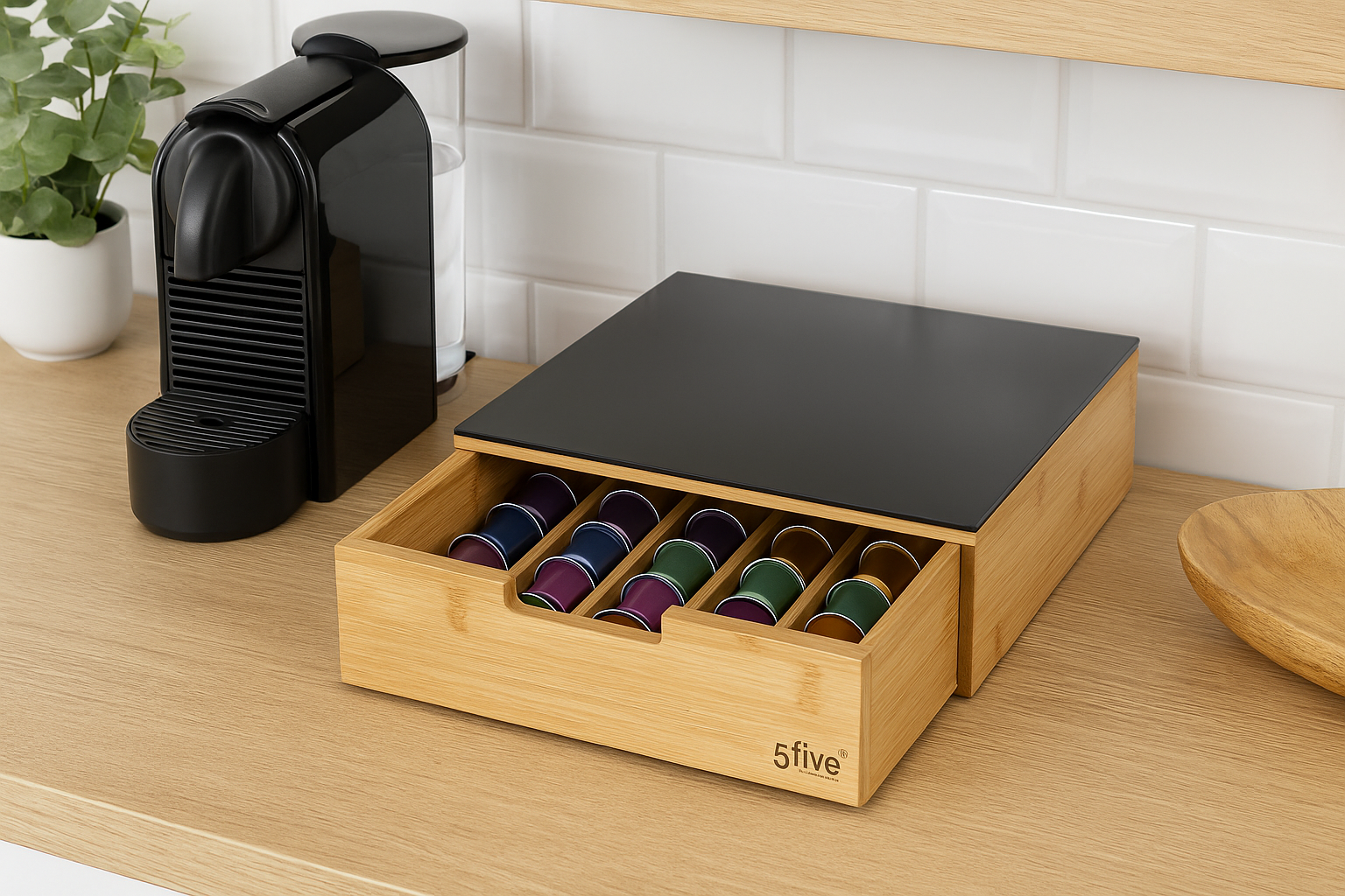 Suport capsule cafea 5Five Blackbamboo, cu sertar, bambus si sticla, 30x30x10 cm, natur si negru [7]