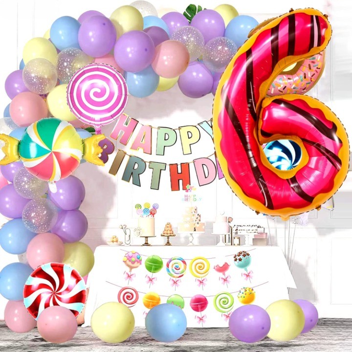 Balon din Folie Metalizata , Figurina Cifra, Imprimeu Gogosi, Tema Aniversare 100 cm, Ambalaj Individual, Pai inclus, Umflare cu Aer sau Heliu, Multicolor, Cifra 6 [3]