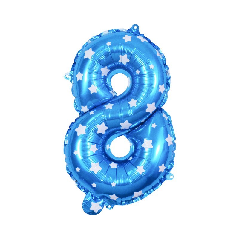 Balon din Folie Metalizata , Figurina Cifra, Imprimeu Stele, Tema Aniversare 80 cm, Ambalaj Individual, Pai inclus, Umflare cu Aer sau Heliu, Albastru, Cifra 8 [2]