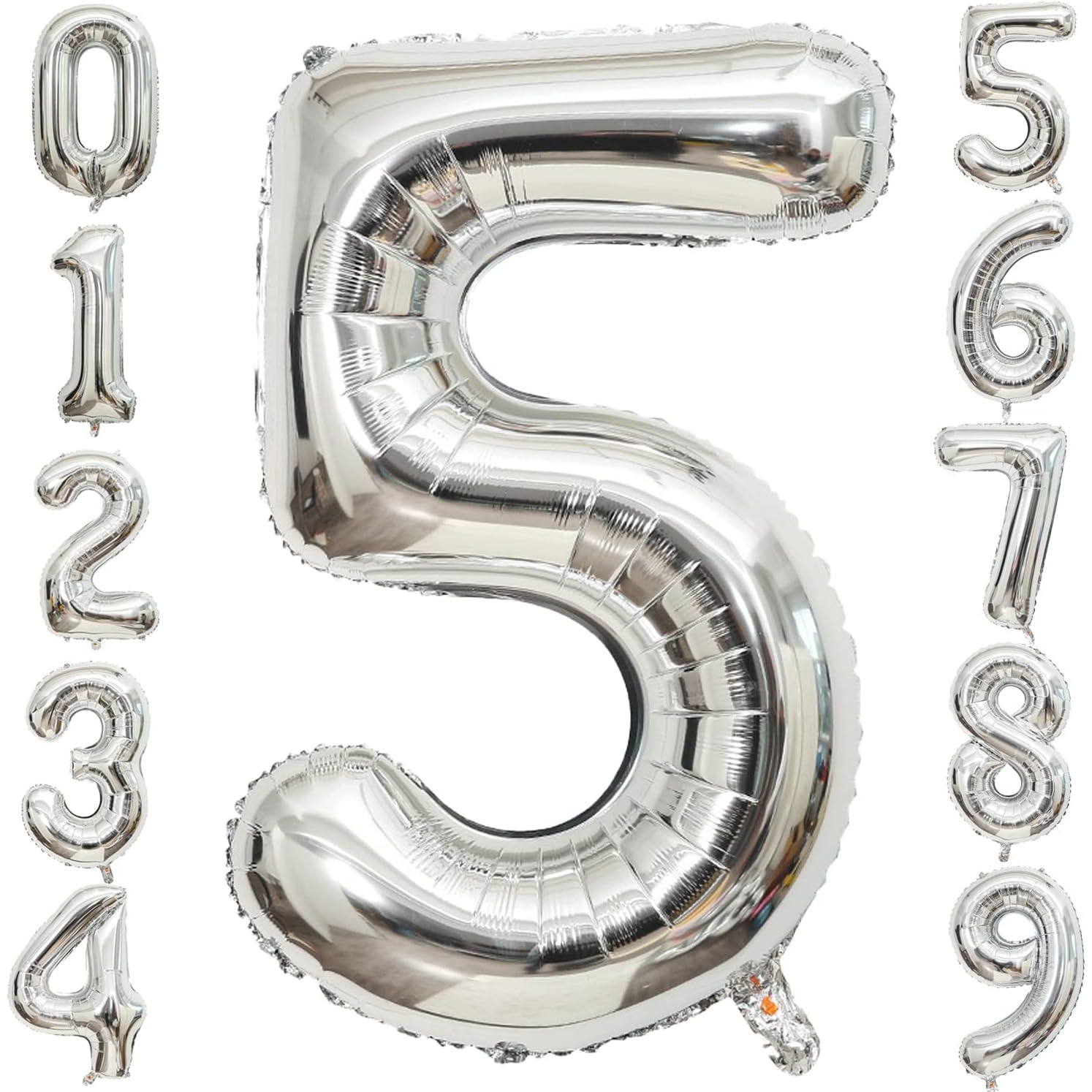 Balon din Folie Metalizata , Figurina Cifra, Tema Aniversare 40 cm, Ambalaj Individual, Pai inclus, Umflare cu Aer sau Heliu, Argintiu, Cifra 5 [7]