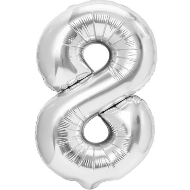 Cifre - Balon din Folie Metalizata , Figurina Cifra, Tema Aniversare 40 cm, Ambalaj Individual, Pai inclus, Umflare cu Aer sau Heliu, Argintiu, Cifra 8