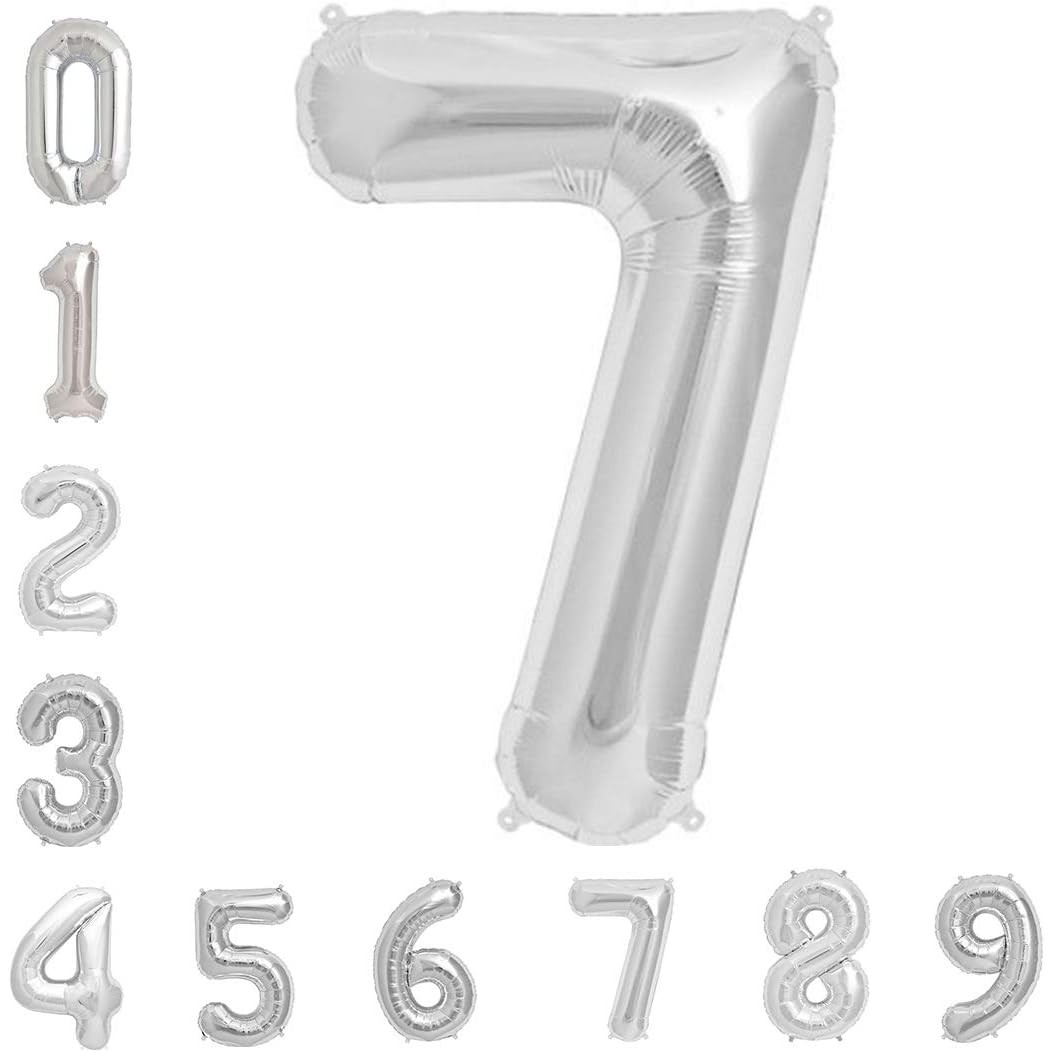 Balon din Folie Metalizata , Figurina Cifra, Tema Aniversare 40 cm, Ambalaj Individual, Pai inclus, Umflare cu Aer sau Heliu, Argintiu, Cifra 7 [7]