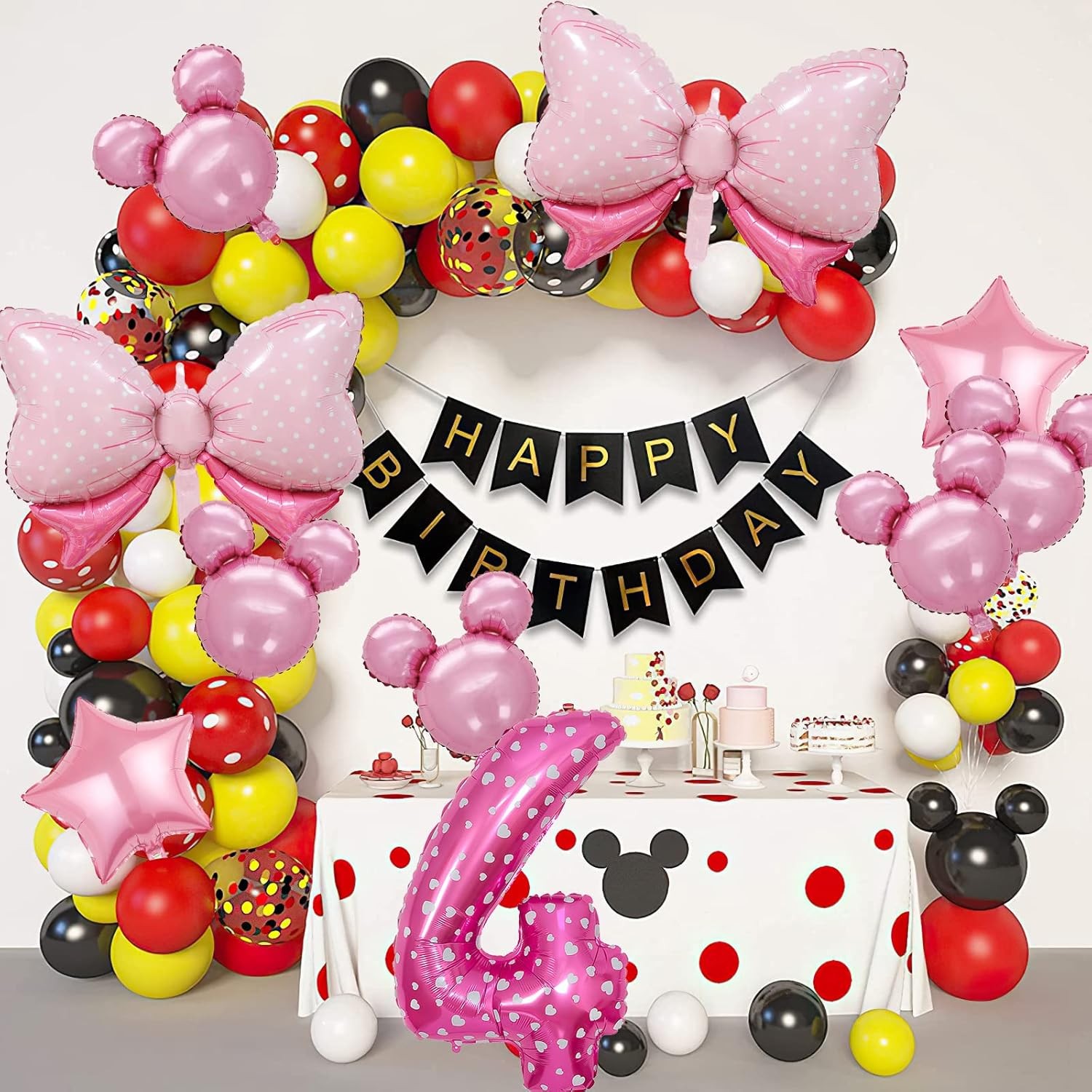 Balon din Folie Metalizata , Figurina Cifra, Imprimeu Inimi, Tema Aniversare 80 cm, Ambalaj Individual, Pai inclus, Umflare cu Aer sau Heliu, Roz, Cifra 4 [4]