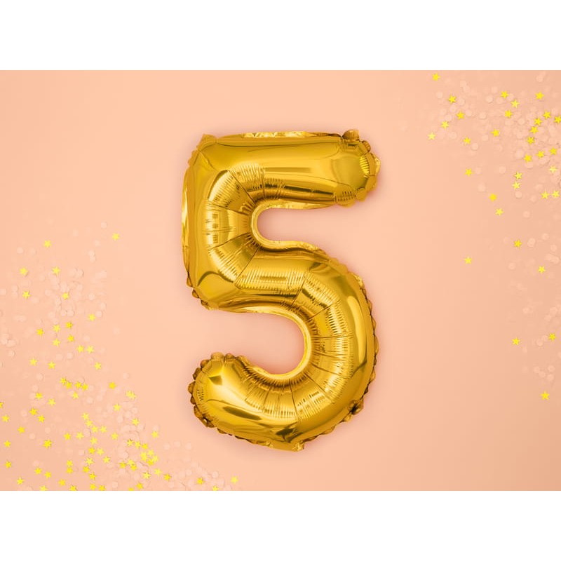 Balon din Folie Metalizata , Figurina Cifra, Tema Aniversare 40 cm, Ambalaj Individual, Pai inclus, Umflare cu Aer sau Heliu, Auriu, Cifra 5 [3]