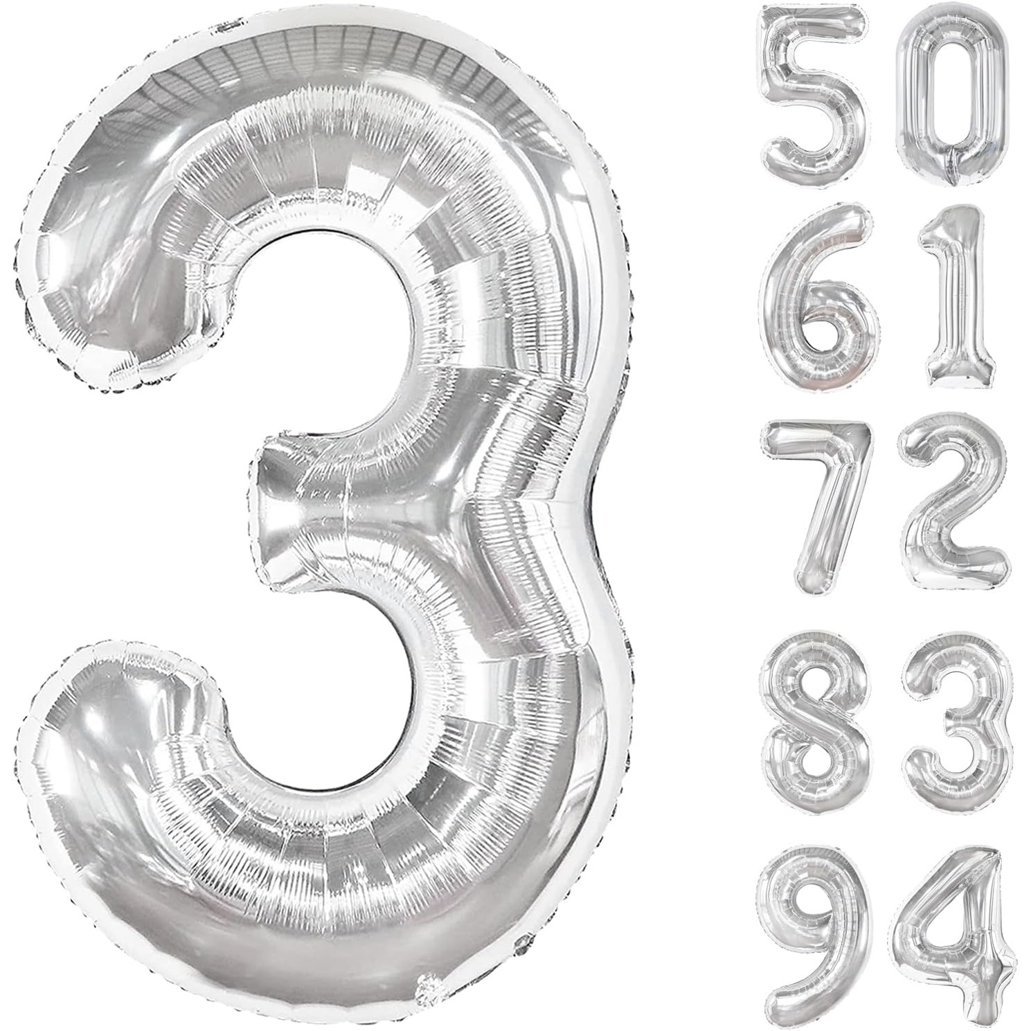 Balon din Folie Metalizata , Figurina Cifra, Tema Aniversare 40 cm, Ambalaj Individual, Pai inclus, Umflare cu Aer sau Heliu, Argintiu, Cifra 3 [9]